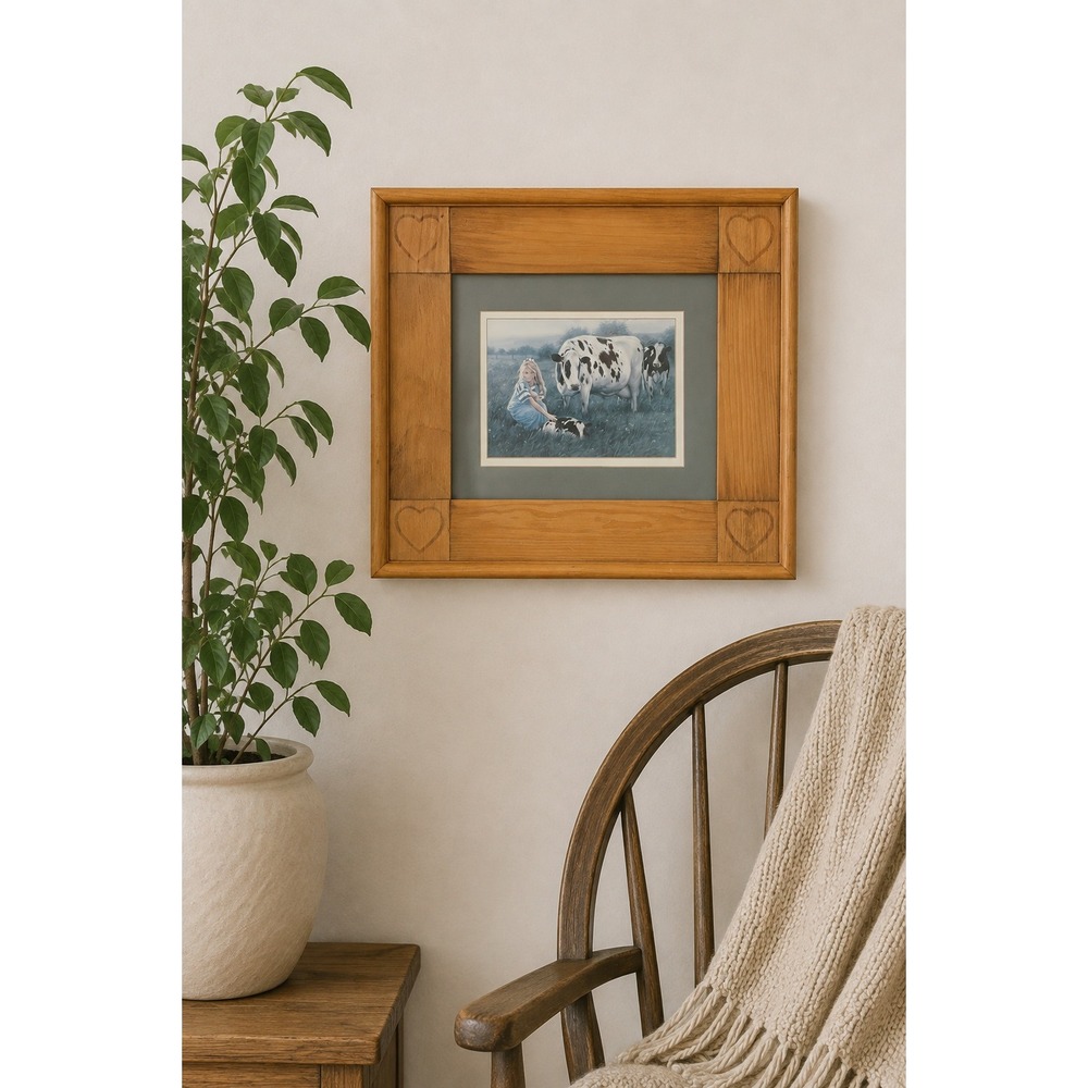 Vintage Handmade Rustic Girl Cow Framed Print Farmhouse Country Cottage Wall Art